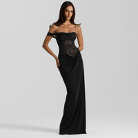 Nouvelle Robe Longue Moulante d'Été 2026 pour Femme, Col Carré, Taille Empire, Bretelles Fines, Dentelle Unie et Patchwork Extensible – Vente en Gros