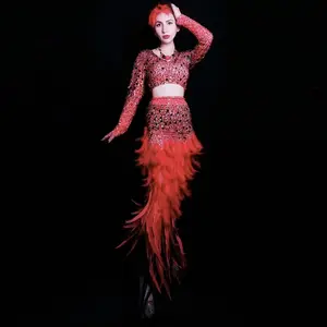 Gaun Desain Baru Pakaian Fashion Gaun Seksi Merah Payet Berlian Imitasi Gaun Malam Wanita Penyanyi Dj Bellydance Pakaian