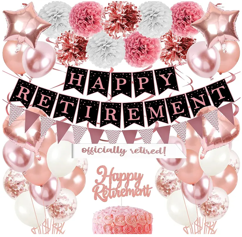 Happy Retirement Party Decorations Gold Retirement Banner cake topper pompom flowers balloons for retirement celebration