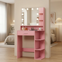 Table de maquillage en bois rose avec miroir LED 3 couleurs, plusieurs étagères et tabouret