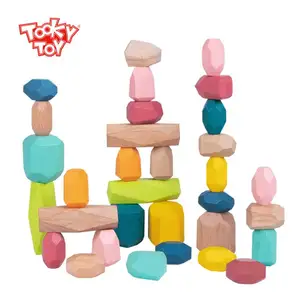 32 Pcs Wooden Stacking Stones Rocks Wooden Balancing Stones Rock Blocks Set Colorful Educational Montessori Stacking Toys