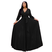 Nouvelle Robe Longue en Mousseline de Soie pour Femme, Col en V Profond, Manches Longues, Taille Naturelle, Couleur Unie, Décontractée, Grande Taille, Longueur Ras du Sol