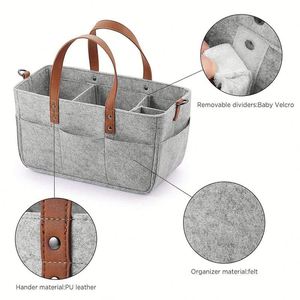 Cesta Multiusos para Pañales, Caja de Almacenamiento de Fieltro con Bolsillo, Cesta Portátil para Toallitas Húmedas para Bebés con Compartimento - Product Image 3