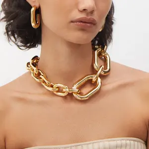 Phóng Đại Thép Không Gỉ Chuỗi Choker Đơn Giản Thiết Kế Thời Trang 18K Mạ Vàng Phụ Nữ Nặng Tuyên Bố Chunky Dày Chuỗi Vòng Cổ