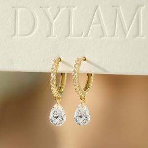 Dylam Dainty 14K Gold Rhodium Plated Fine Jewelry Dangle Pear Shape 5A Zirconia <b>Clip</b>-on Hoop Earrings for Women - Product Image 4