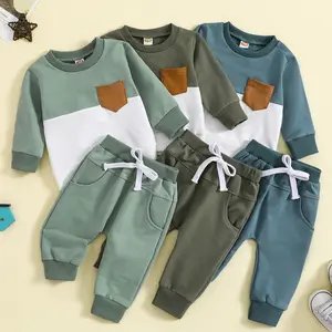 Fall Winter baby clothing Custom Patchwork Long Sleeve pocket Sweatshirt and Pants 2 Piece Tracksuit toddler