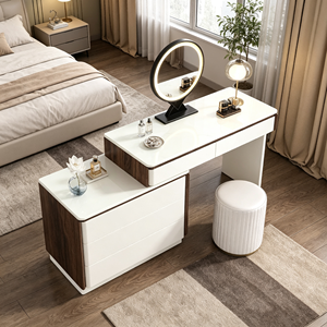 Coiffeuse moderne blanche avec miroir LED rond, meuble de rangement et tabouret pour chambre à coucher - Product Image 6