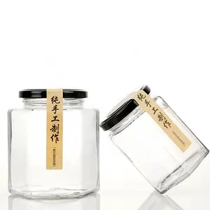 Pot hexagonal en verre transparent scellé de 45ml-730ml, sauce hexagonale et pot de miel