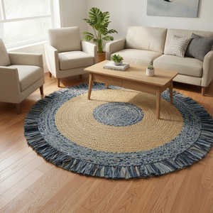 Tapis tressé moderne en denim et jute à franges, anti-bactérien, à poils plats, fabriqué à la machine, motif floral, envers en jute, entretien facile DIVTIK - Product Image 3