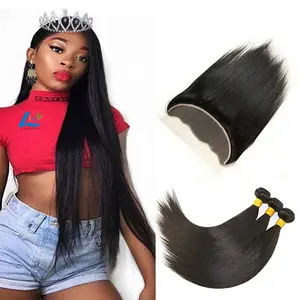 Cheap unprocessed Brazilian straight hair bundles with 13x4 frontal, ear to ear frontal virgin human hair frontal and closure