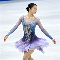 Costume de patinage artistique bleu dégradé lavande, robe à manches longues avec dos en maille et strass pour filles et adultes, performance sur glace