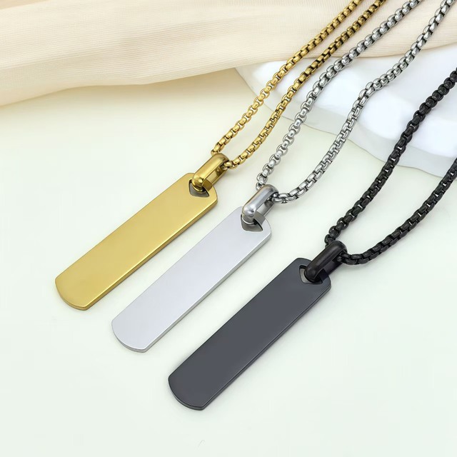 Custom Fashion Jewelry Stainless Steel Bar Pendant Necklaces with Popcorn Chain Personalized Engraved Blank Tags