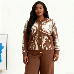 Women's Fall/Winter Printed Metal Buckle Knit <b>Cardigan</b> <b>Sweater</b> Wide-Leg Pants Casual 2-Piece Set Fashion - Product Image 2