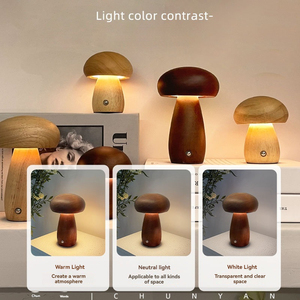 Lámpara de seta de madera pequeña LED inalámbrica <span class=keywords><strong>para</strong></span> mesita de noche, lámpara de seta con batería regulable portátil <span class=keywords><strong>para</strong></span> mesita de noche de dormitorio - Product Image 2