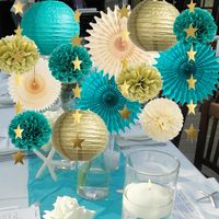 Décorations de fête bleu turquoise et or, lanternes bleues, pompons, éventails en papier, décorations étoiles crème et or pour anniversaire, mariage, fiançailles