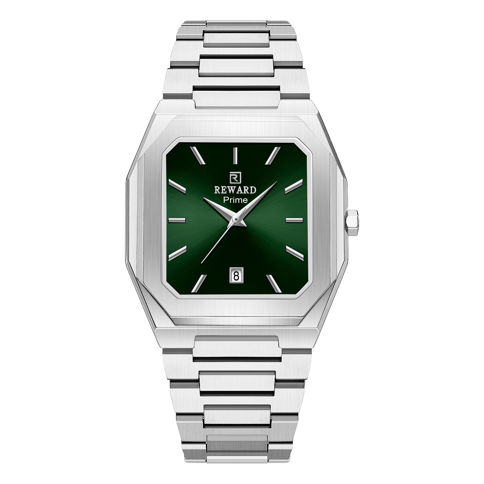 Silver casing, green face, silver band