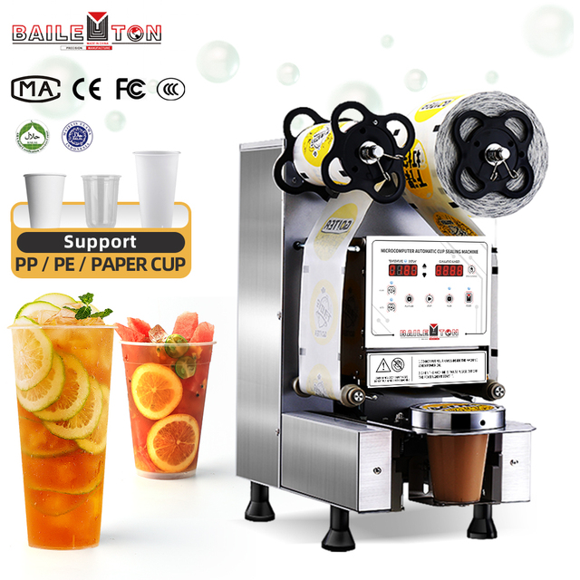 Baiwin Bubble Tea Cup Sealing Machine Paper and Plastic Cup Sealer for Cold Hot Drinks Milk Tea Shop Equipment