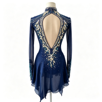 Robe de patinage artistique bleu marine à col montant, manches longues en résille, costume de compétition orné de strass, personnalisable pour enfants, adolescents et adultes, OEM