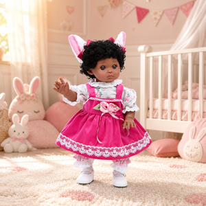 Muñeca Reborn Afroamericana de Vinilo de 18 Pulgadas con Orejas de Conejo, Vestido Rosa y Cabello Rizado Negro para Juego de Imitación - Product Image 1