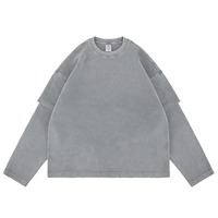 Camiseta de manga larga para hombre, estilo streetwear, vintage, lavada, de punto gofrado, de doble capa, personalizada