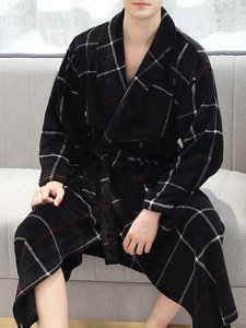 100% Cotton Microfiber Striped Bathrobe for <b>Men</b> Solid Flannel Thermal Plus Size Winter Breathable Quick Dry Home Textile - Product Image 3