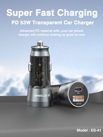 Chargeur de voiture 53W 30W PD QC3.0 double port USB A + Type C, charge rapide, adaptateur de chargeur de téléphone de voiture transparent