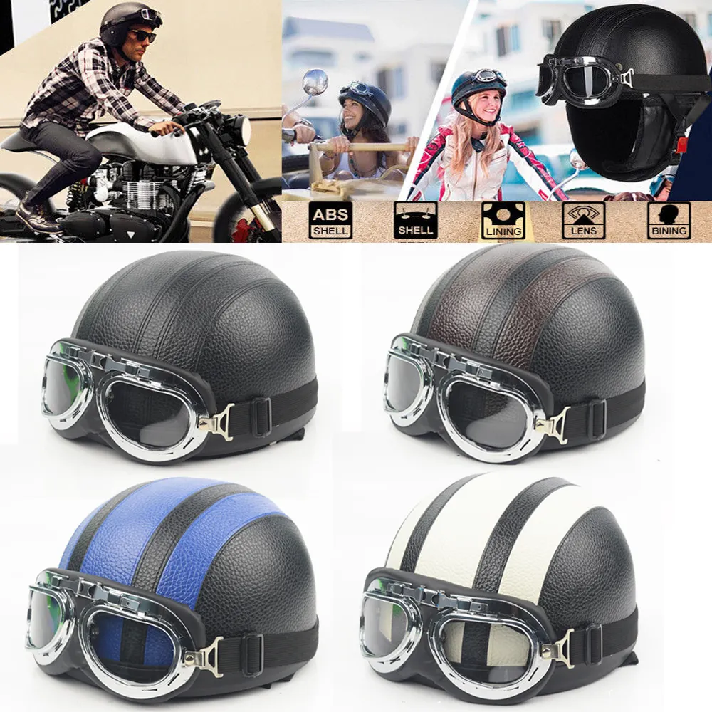 Casco moto Vintage classico in pelle PU con occhiali protettivi per casco Harley Retro Half Cruise