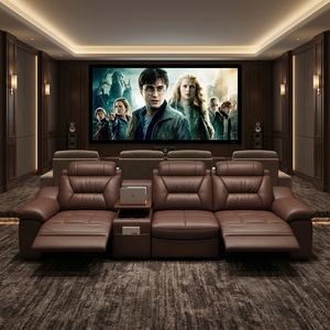 Divano Reclinabile a L in Pelle Marrone Premium - Divano Ergonomico per Home Theater con Portabicchieri <span class=keywords><strong>e</strong></span> Vassoio Integrati - Product Image 1