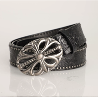 Ceinture en alliage noir à motifs floraux gaufrés complexes, boucle à plaque creuse, détails cloutés sur le bord, style rétro punk western complet, Zhejiang