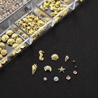 Décorations pour ongles en alliage métallique argenté et doré, thème océanique 3D (coquillages, étoiles de mer, hippocampes, tortues, vagues), avec rivets, perles et strass assortis