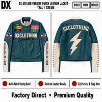 Jaket Bomber Kulit Teal Cream Kustom 400gsm Multi-Patch Varsity Build Panel Kulit Kontras Jaket Biker Streetwear OEM ODM