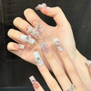 Lot de 10 <span class=keywords><strong>faux</strong></span> <span class=keywords><strong>ongles</strong></span> artisanaux réutilisables roses Kawaii 3D Ours Lapin Fraise Fleur, personnalisables avec logo - Product Image 2