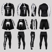 Ensemble MMA 3 pièces : Rashguard à manches longues, short de combat et pantalon de compression à empiècements blancs. Logo personnalisé, OEM, ODM, faible MOQ, directement de l'usine.