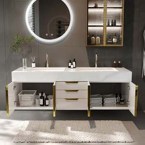 Meuble-lavabo de salle de bain moderne et élégant, blanc laqué brillant, avec vasque en céramique, LED, écologique, mural, pour villa - Product Image 3