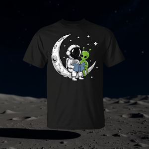 Camiseta de astronauta leyendo un libro a un extraterrestre en la luna, espacio, astronomía - Product Image 3