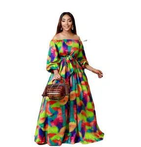Off Shoulder Tie Dye Maxi Dress with Belt Fashion Women African Popular Plus Size Casual Dresses Natural