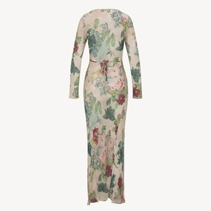 Robe longue à coupe biais de style <span class=keywords><strong>français</strong></span> pour femmes |   Robe longue imprimée à col en V flatteur pour les occasions spéciales et les soirées habillées - Product Image 6