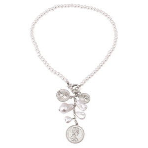 Collar de Perlas de Imitación Estilo Barroco Vintage con Colgante de Moneda y Borla, Cadena de Oro Blanco Estilo Europeo para Uso Diario - Product Image 4