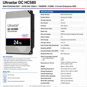 Disco Duro Empresarial Wes Tern Digital Ultrastar DC HC580 WUH722424AL5201 de 24 TB SAS 12 Gb/s 7200 RPM 512 MB 3.5 Pulgadas - Product Image 2