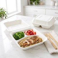 Boîte en bagasse de canne à sucre de 8 pouces, micro-ondable, compostable, écologique, pour la livraison de repas, les plats à emporter, la restauration, conteneur alimentaire recyclable