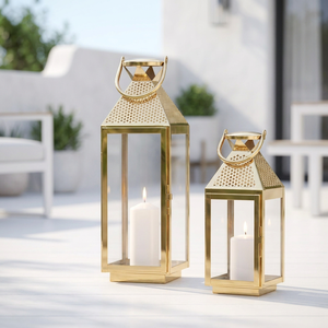 Faroles de Vela Personalizables de Acero Inoxidable Dorado Martillado a Mano de Lujo para Decoración del Hogar y Patio - Product Image 1