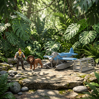 Ensemble de jeu de sauvetage en jungle avec figurine de lion réaliste, avion à réaction et figurine d'explorateur articulée