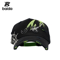 Gorra de béisbol al por mayor de 5 paneles, poliéster/algodón, con bordado 3D de letra B con pedrería, efecto desgastado y estampado de grafiti