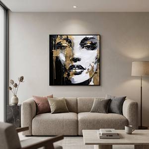 Peinture abstraite peinte à la main en noir et blanc avec accents <span class=keywords><strong>de</strong></span> feuille d'or, art mural contemporain texturé, peinture sur toile imprimée - Product Image 2