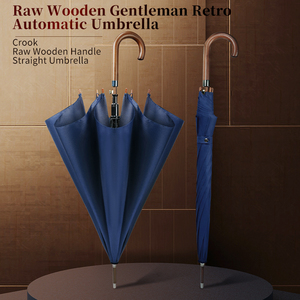 Parapluie droit automatique de luxe en bois avec poignée incurvée, en tissu pongé imperméable, personnalisable avec logo pour entreprises, vente en gros - Product Image 1