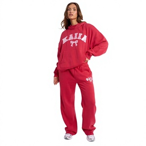 Women's <b>Red</b> Hooded Sweatshirt With <b>Bow</b> Print And Matching Joggers Loose Fit Casual Two Piece Set - Product Image 1