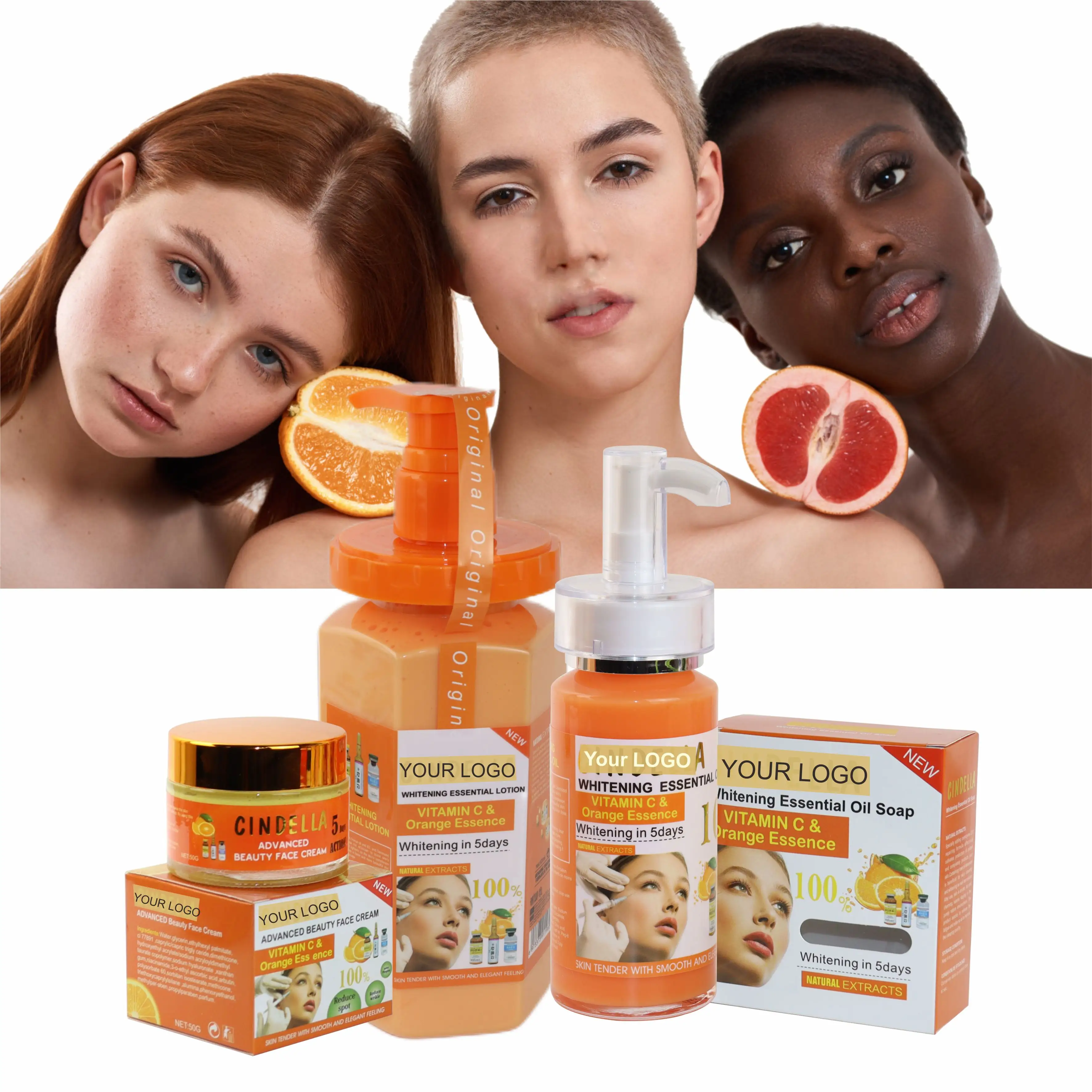 Marque privée Huile d'orange de beauté 99% Vitamine C biologique Super blanchissant Ensemble de soins de la peau éclaircissant Anti-rides hydratant