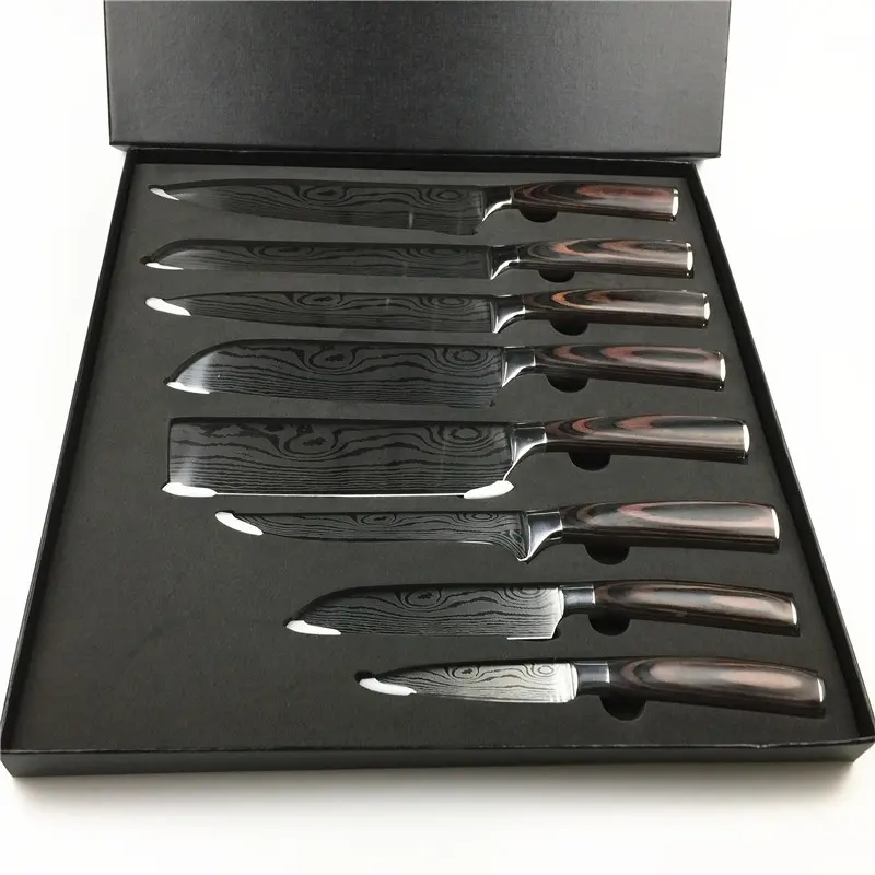 Conjunto de facas de chef de cozinha, 8 peças, 8 polegadas, japonesas 7cr17 440c, de aço inoxidável de alto carbono, padrão de damasco laser, santoku ferramenta de corte