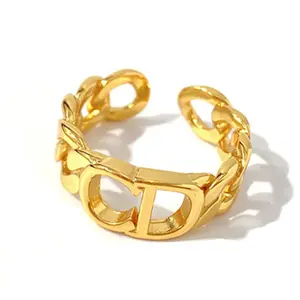 Custom Women Ladies Cuba Chain Link Gold Plated Adjustable Open Letter Ring