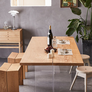 Mesa de Comedor Rectangular Grande de Madera Maciza de Fresno Blanco, 6 Plazas, con Acrílico Suspendido, Estilo Nórdico Japonés para el Hogar - Product Image 3